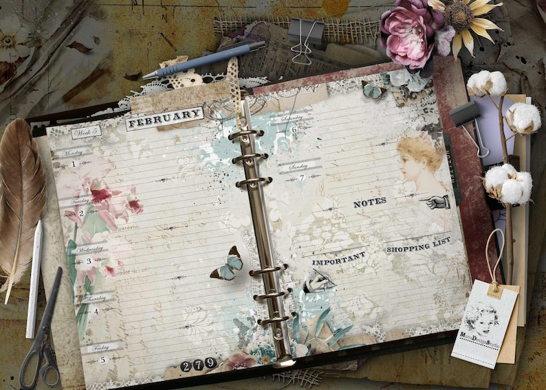 May include: An open ring-bound planner with cream-coloured pages featuring the text February, Week 5, Notes, Important, and Shopping List. The pages are decorated with vintage-style illustrations of flowers, a butterfly, and a person, alongside a blue pen, scissors, a feather, and cotton stems.