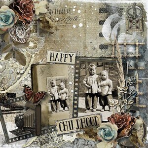 May include: A vintage-style scrapbook page with a photo of two young girls, a butterfly, and the words "Happy Childhood". The page is decorated with lace, flowers, and other embellishments.
