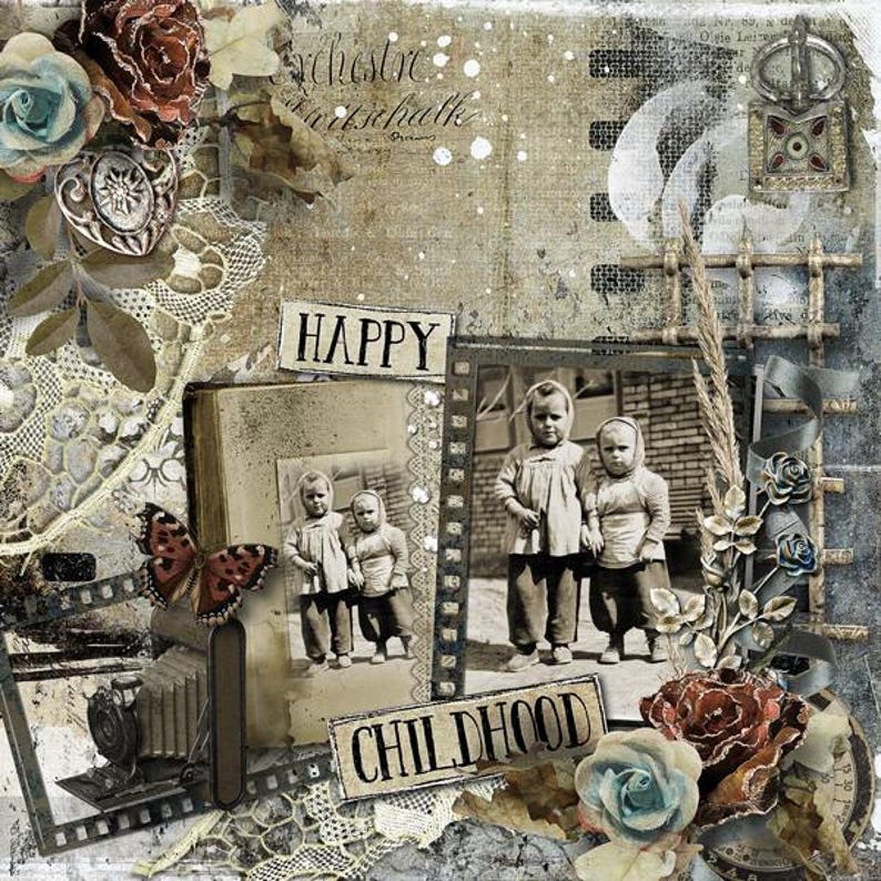 May include: A vintage-style scrapbook page with a photo of two young girls, a butterfly, and the words "Happy Childhood". The page is decorated with lace, flowers, and other embellishments.
