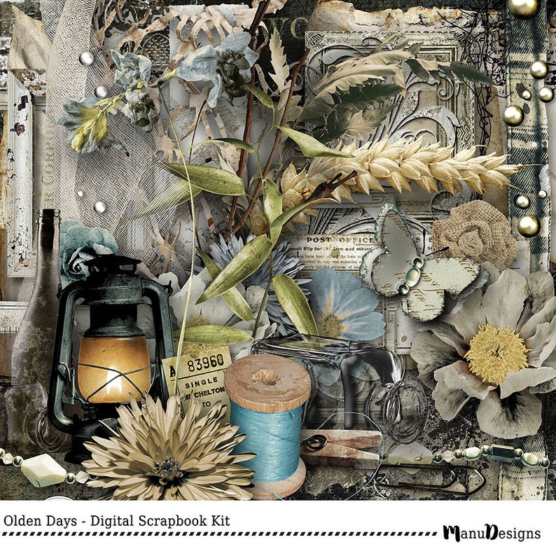 May include: A digital scrapbook kit with a vintage aesthetic. The kit includes a variety of elements, such as a lantern, a spool of thread, a flower, a butterfly, and a post office stamp. The colors are muted and earthy, with shades of brown, green, and blue.