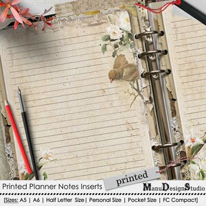 May include: A vintage-style planner page with lined paper, a bird illustration, and floral accents. The text "Printed Planner Notes Inserts" and "printed" are visible. The text "Manu Design Studio" is also visible. The text "[Sizes: A5 | A6 | Half Letter Size | Personal Size | Pocket Size | FC Compact]" is visible at the bottom of the page.