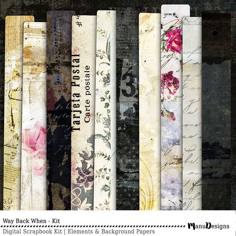 May include: A digital scrapbook kit with 8 vintage-style background papers. The papers feature a variety of textures and patterns, including floral designs, handwritten text, and distressed paper. The papers are perfect for creating unique and personalized scrapbook pages.