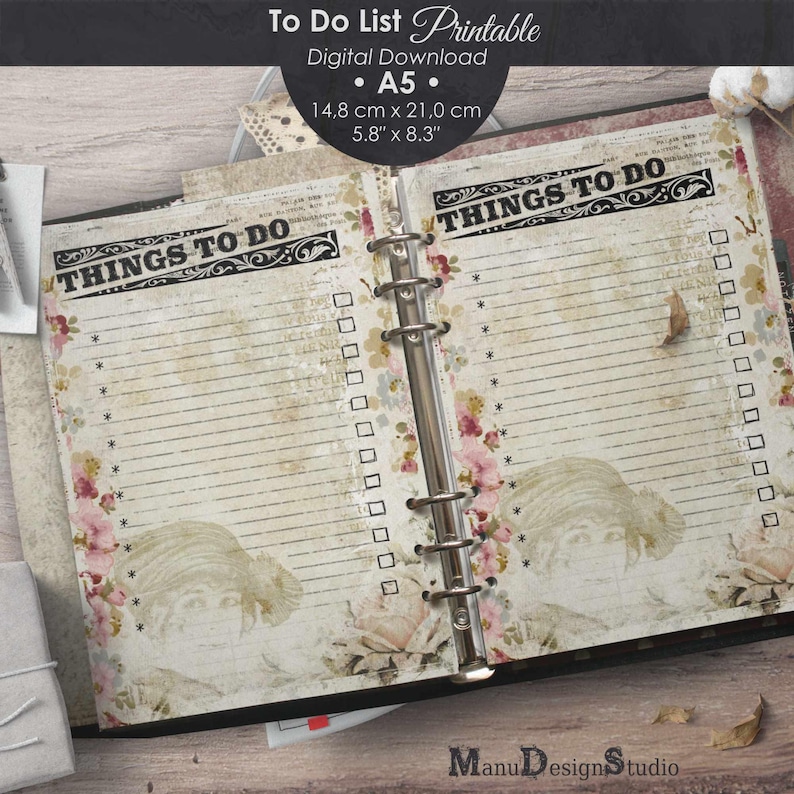 Vintage To Do List printable in A5 (5.8" x 8.3" | 14.8 cm x 21.0 cm), featuring a beige background with pink roses and a floral lady illustration. The layout displays 'Things To Do' with checkboxes and lines for tasks, bound in a ringed planner on a wooden surface. Decorated with a weathered texture and floral accents, it includes a digital download label for PDF and JPG formats in a ZIP file. Ideal for planners or digital use in GoodNotes, perfect for home printing and personal organization