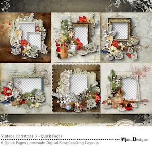 Può includere: Sei layout di scrapbooking digitale con temi natalizi vintage. Ogni layout include una cornice con sfondo bianco e un bordo decorativo di agrifoglio, rami di pino e ornamenti. I layout sono perfetti per aggiungere le tue foto e creare biglietti di Natale personalizzati o pagine di album.