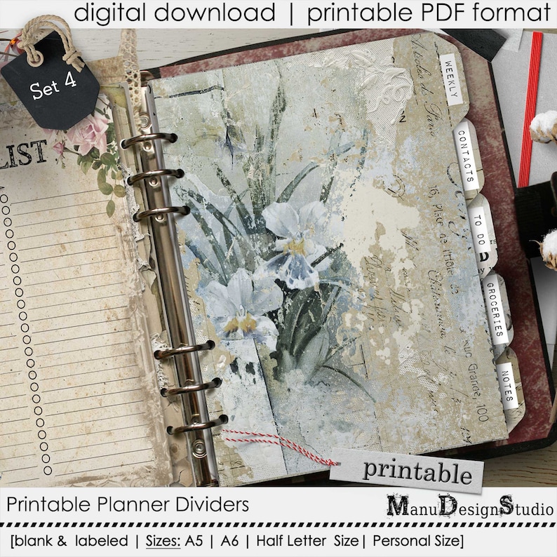 Pretty and Unique Printable Tabbed Planner Dividers, Blank and Labeled, Sizes A5, A6, Personal Size, Half Letter Size image 3
