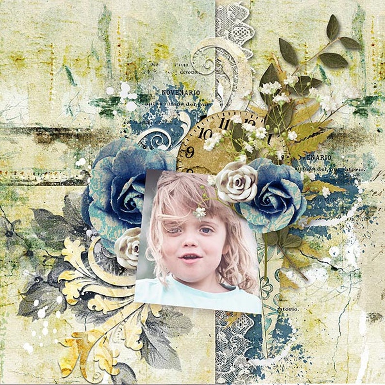 May include: A vintage-inspired scrapbook page with a blue and white floral design, a clock face, and a photo of a young girl with blonde hair. The background is a textured, distressed paper with a faded, antique look.