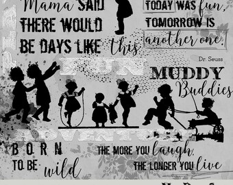Vintage Childhood Digital Word Art, transparent background, Children Photo Overlay,  Clip Art, Children Playing Word Art Overlays,