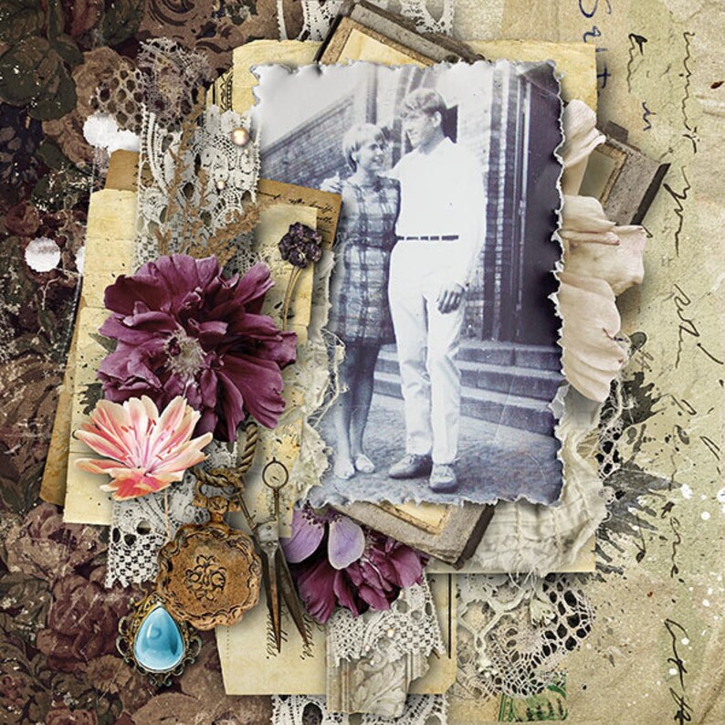 May include: A vintage-style scrapbook page with a black and white photo of a couple standing on a staircase. The page is decorated with lace, flowers, and a pocket watch. The text "Or it was you, all the time" is written on the page.