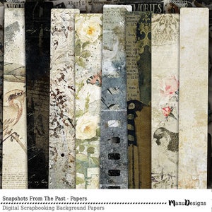 May include: A set of 8 digital scrapbook papers featuring vintage-inspired designs with birds, flowers, and text. The papers have a distressed, aged look with a mix of black, white, brown, and beige colors.