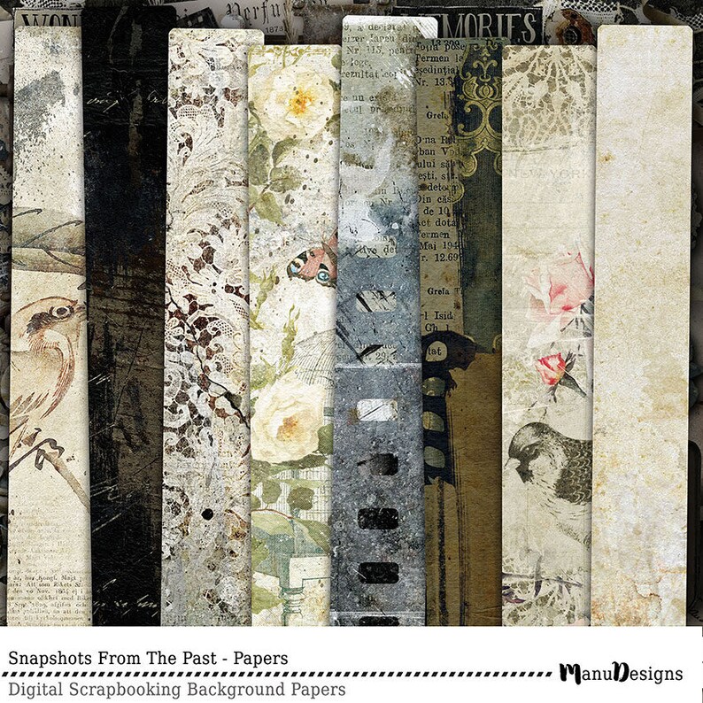 May include: A set of 8 digital scrapbook papers featuring vintage-inspired designs with birds, flowers, and text. The papers have a distressed, aged look with a mix of black, white, brown, and beige colors.
