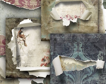 Ripped Digital Papers, Torn Paper Overlays, Torn Digital Background, Digital Scrapbook, Digital Paper, Worn Papers, Ripped Edges, Torn Open