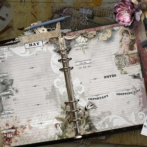 May include: An open ring-bound planner with lined pages featuring vintage-style illustrations of a girl, floral motifs, and text including May, Monday 10, Tuesday 11, Wednesday 12, Thursday 13, Friday 14, Saturday 15, Sunday 16, Notes, Important, and Shopping List.
