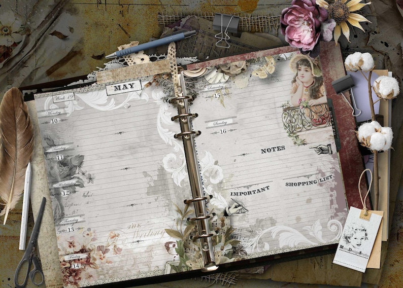 May include: An open ring-bound planner with lined pages featuring vintage-style illustrations of a girl, floral motifs, and text including May, Monday 10, Tuesday 11, Wednesday 12, Thursday 13, Friday 14, Saturday 15, Sunday 16, Notes, Important, and Shopping List.