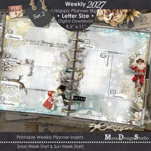 May include: A digital planner insert for 2027 featuring a grid layout with Christmas-themed illustrations including a deer, a child in a red coat, and Santa Claus. The page measures 8.5 inches by 11 inches and includes text labels for days of the week.