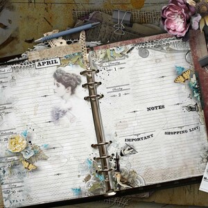 May include: An open ring-bound planner with vintage-style graphics, including a portrait of a woman, floral illustrations, and butterflies. The pages feature lined sections for dates, notes, an important list, and a shopping list, accented with lace.