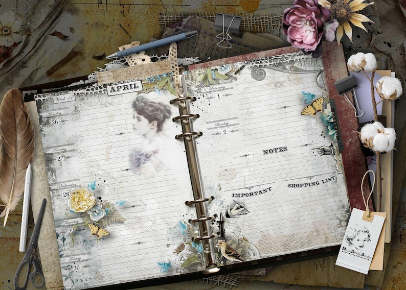 May include: An open ring-bound planner with vintage-style graphics, including a portrait of a woman, floral illustrations, and butterflies. The pages feature lined sections for dates, notes, an important list, and a shopping list, accented with lace.
