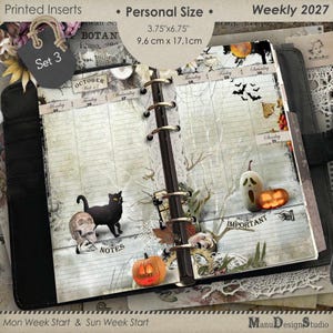 May include: A personal size 3.75 x 6.75 inch weekly planner insert for 2027 featuring a Halloween theme. The pages include a black cat, a skull, pumpkins, and bats. The layout displays days of the week, a notes section, and an important section.