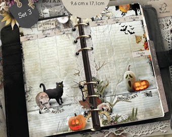 May include: A personal size 3.75 x 6.75 inch weekly planner insert for 2027 featuring a Halloween theme. The pages include a black cat, a skull, pumpkins, and bats. The layout displays days of the week, a notes section, and an important section.