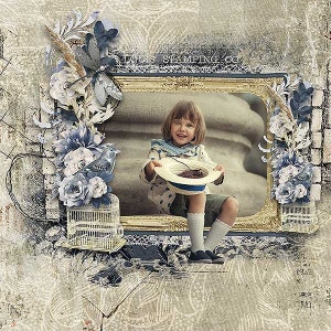 May include: A vintage-style scrapbook page with a photo of a young person holding a straw hat. The page is decorated with blue and white flowers, a bird, and a birdcage. The text "LOTS STAMPING CO." is visible in the upper right corner.