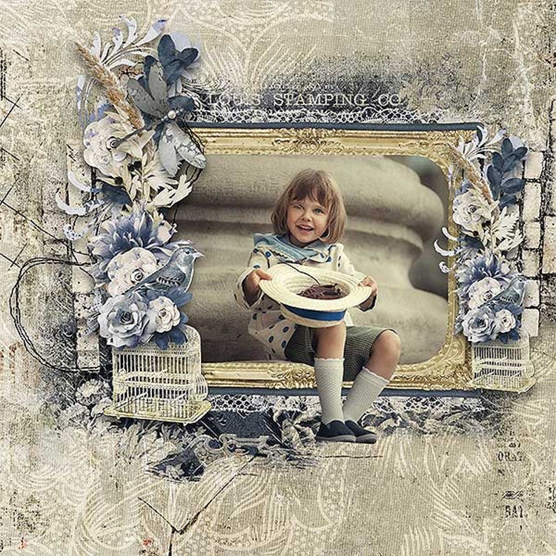 May include: A vintage-style scrapbook page with a photo of a young person holding a straw hat. The page is decorated with blue and white flowers, a bird, and a birdcage. The text "LOTS STAMPING CO." is visible in the upper right corner.