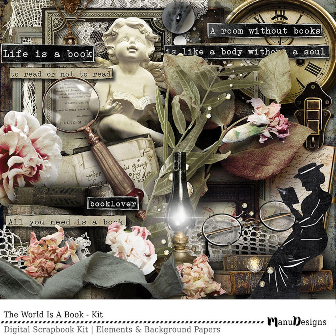 Digital Scrapbook Kit, Book Reading Scrapbooking, Book Papers, Book ...