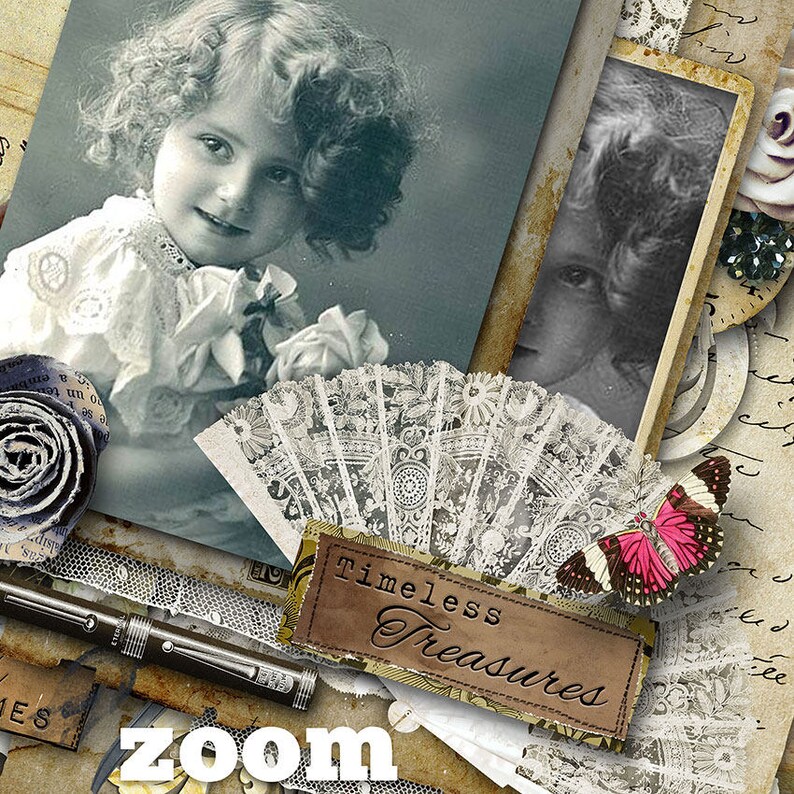 May include: Vintage-style collage with a black and white portrait of a young girl holding flowers, a lace fan, and a butterfly. The words "Timeless Treasures" are on a brown label. The word "zoom" is at the bottom.