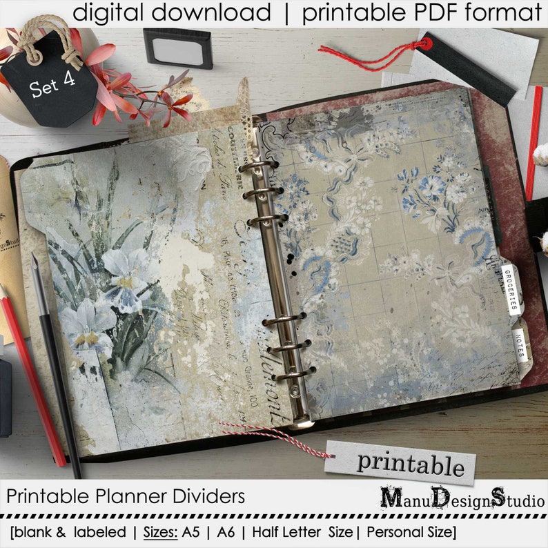 Pretty and Unique Printable Tabbed Planner Dividers, Blank and Labeled, Sizes A5, A6, Personal Size, Half Letter Size image 6