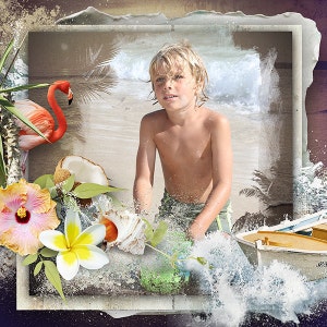May include: A young boy playing in the ocean waves on a beach. He is wearing a green swimsuit and has blonde hair. There is a pink flamingo, a coconut, and a seashell in the image.
