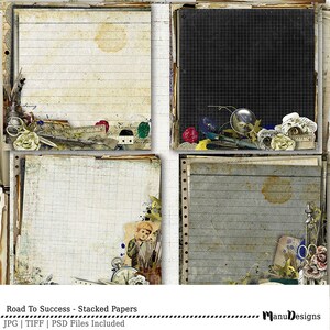 May include: Four digital paper squares with a vintage, aged look. Each square has a different design, including lined paper, graph paper, and a black chalkboard. The squares are decorated with various objects, such as scissors, rulers, and a magnifying glass. The text "Road To Success - Stacked Papers" is at the bottom of the image.