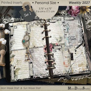 May include: A personal size 9.6 cm x 17.1 cm weekly 2027 planner insert set featuring vintage-style illustrations of birds, flowers, and a person in a suit. The pages include lined sections for Monday through Sunday, notes, and printed text labels.