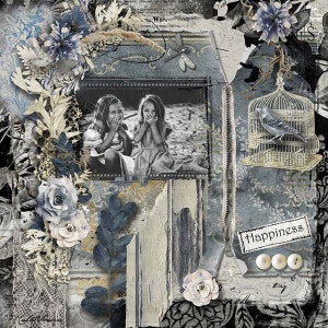 May include: A vintage-inspired collage featuring two girls in a black and white photo, a bird in a cage, and the word "Happiness" written on a white tag. The collage is decorated with blue and white flowers, leaves, and other decorative elements.