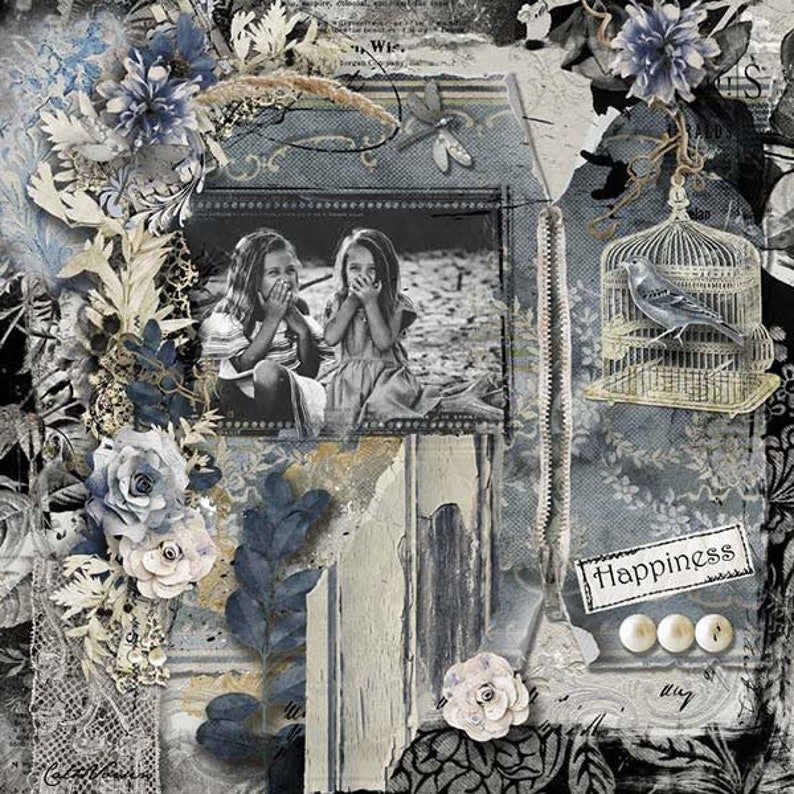 May include: A vintage-inspired collage featuring two girls in a black and white photo, a bird in a cage, and the word "Happiness" written on a white tag. The collage is decorated with blue and white flowers, leaves, and other decorative elements.