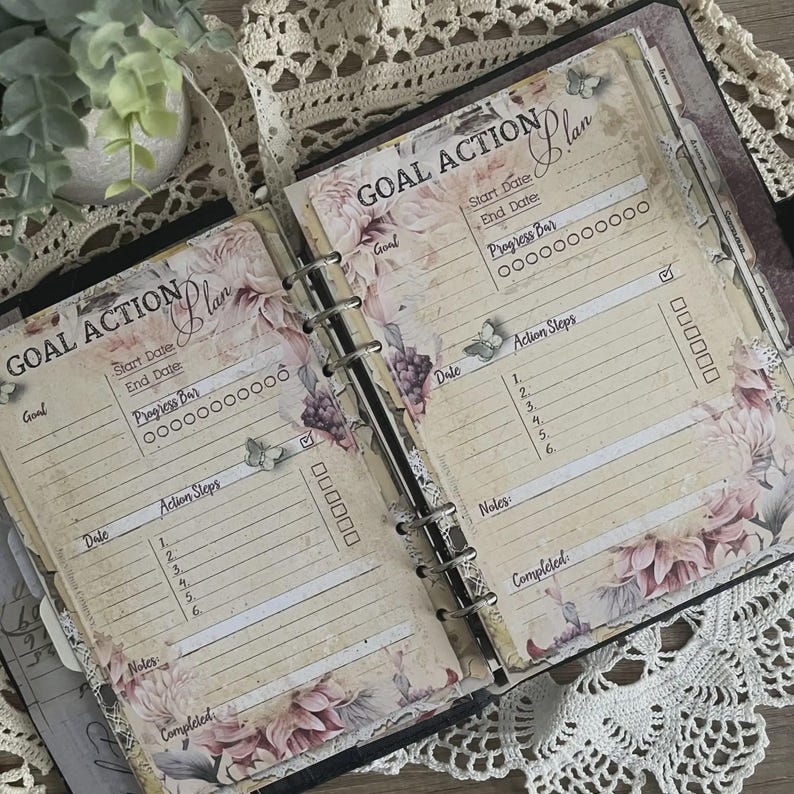 May include: Open planner with floral design pages. The pages are labeled "Goal Action Plan" with sections for start and end dates, progress bars, action steps, and notes. The planner has a ring binder and is decorated with butterfly accents.