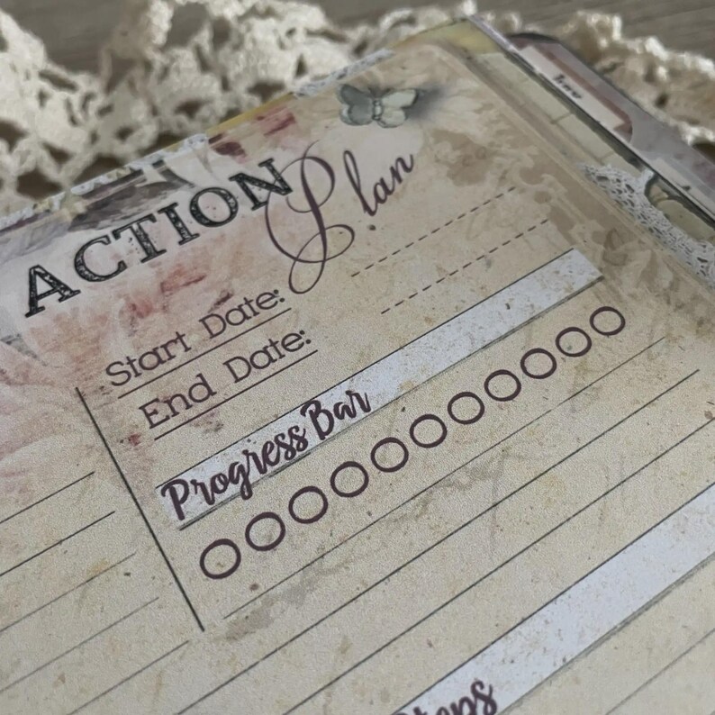 May include: Close-up of a vintage-style planner page with the words "ACTION Plan" in elegant script. The page features sections for start and end dates, and a "Progress Bar" with circles. The background has a floral design.