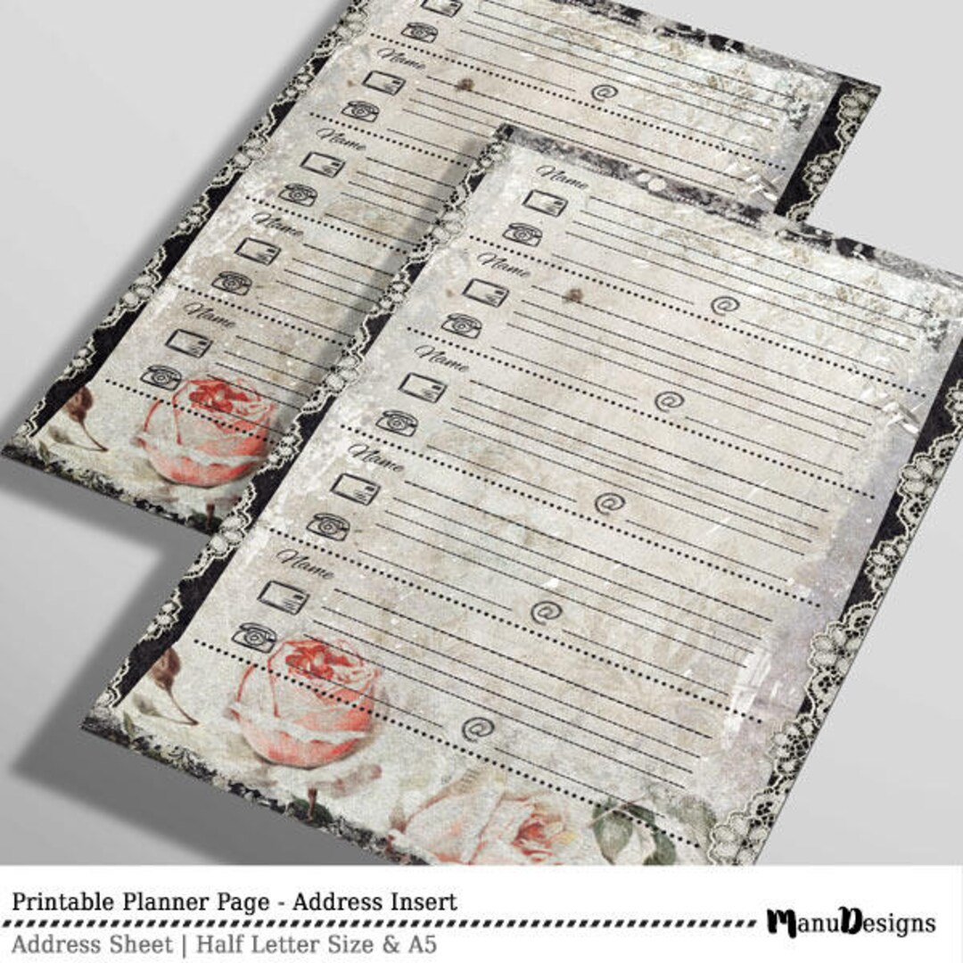 Planner Page, Address Page, A5, Half Letter Size, Printable Planner ...