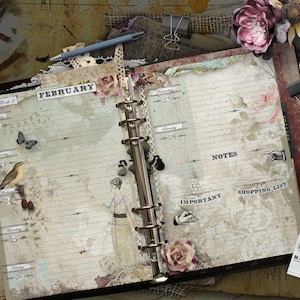 An open ring-bound planner with vintage-style pages labeled February, featuring illustrations of a bird, a butterfly, and a person. The pages include sections for notes, shopping lists, and important tasks, decorated with floral motifs and lace.