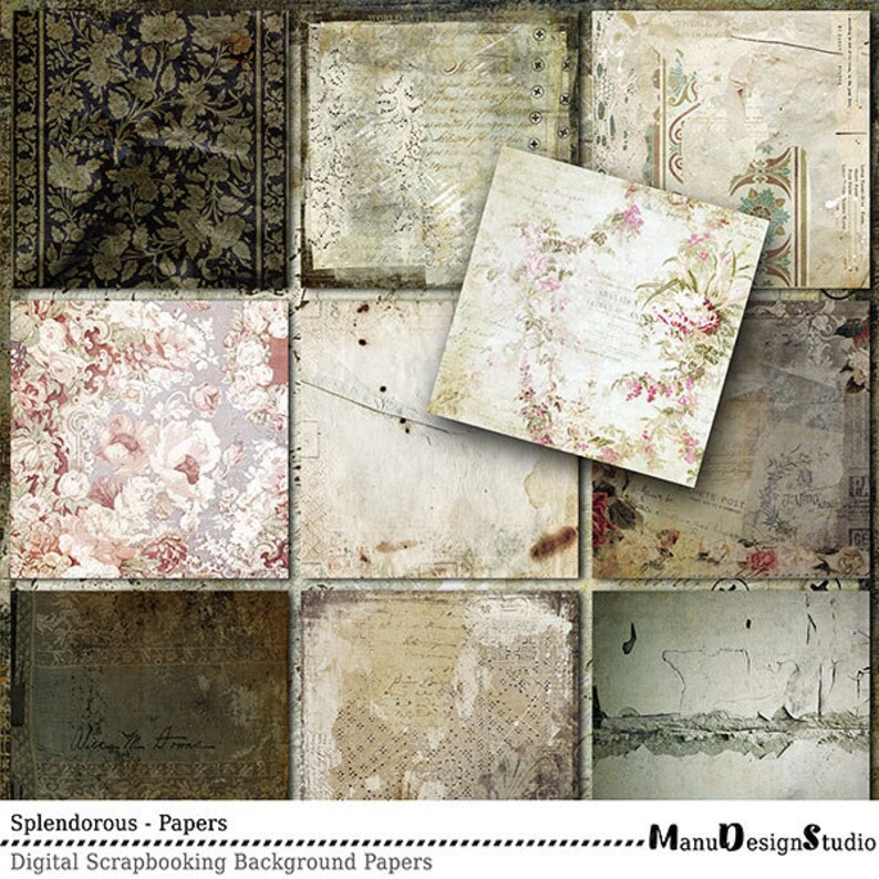 May include: Set of 9 digital scrapbook papers with vintage floral and grunge textures. The papers feature a variety of colors, including beige, brown, pink, and green. The papers are perfect for creating digital scrapbook pages, cards, and other crafts.