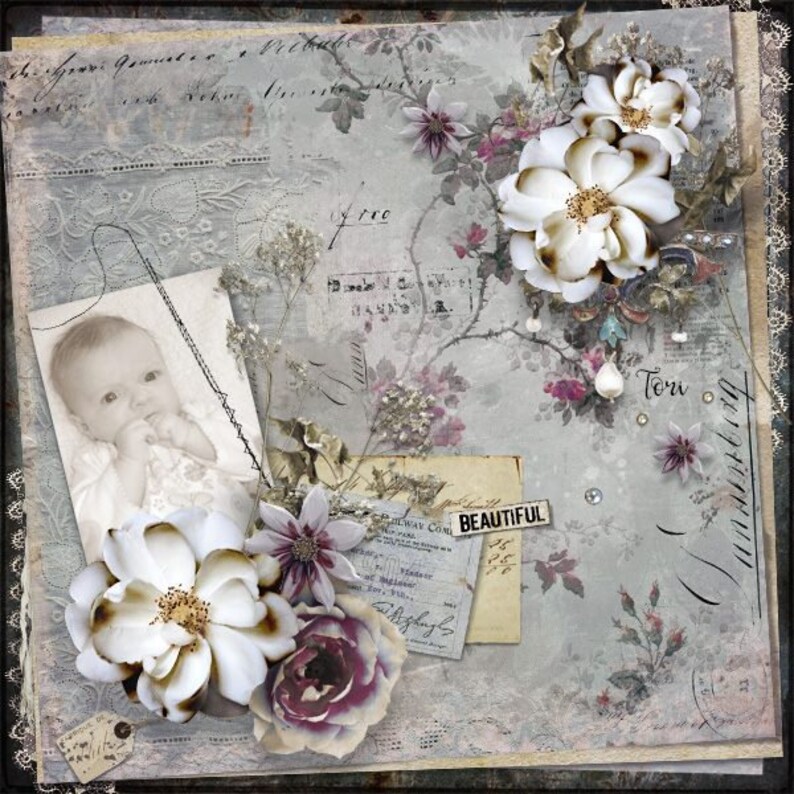 May include: A vintage-style scrapbook page with a baby photo, faux flowers, and aged paper elements. The color palette includes soft blues, creams, and purples. The word "BEAUTIFUL" is visible on a small label. The overall theme is a nostalgic, handcrafted design.