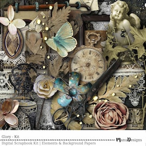 Vintage Style Digital Scrapbook Kit, Digital Papers, Shabby Papers, Printable Papers, Vintage Clipart, Digital Graphics