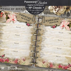 May include: Open notebook with lined pages for recording passwords. The notebook is labeled "Password Tracker" and includes sections for website, username, email, and notes. The notebook is 7" x 9.25" and has a vintage design with floral and butterfly accents.