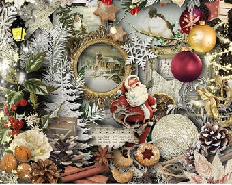 Christmas Digital Scrapbook Kit, Vintage Christmas Background, Digital Download, Vintage Christmas Digital Elements, Christmas Digital Paper