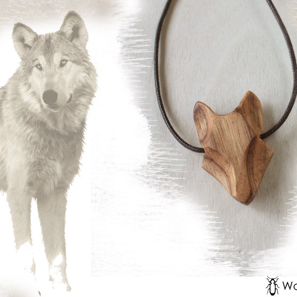 pendentif loup en bois, tête de loup sculpté, pendentif loup minimaliste, bijou animal en bois, cadeau d'amant de loup, collier de loup