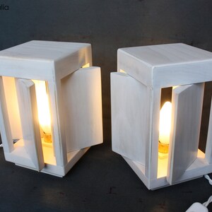 Pair of white wooden lampshades, pair of bedside lamps, table lamps image 2