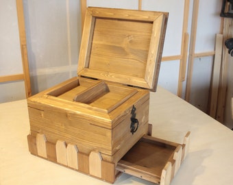 Coffre en bois artisanal avec compartiment secret ingénieux, coffre avec cachette, coffre robuste avec incrustations et décorations