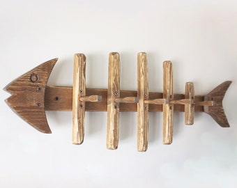 wooden fishbone hanger , wooden wall hanger fish , handcrafted rustic fishbone , creative hanger