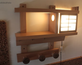 entryway organizer with shoji lamp, wooden coat rack with lamp, wooden frame with hanger shelves and lamp