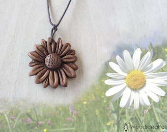 pendentif marguerite sculpté en bois dur de noyer, collier avec fleur de marguerite en bois, pendentif fleur sculpté à la main