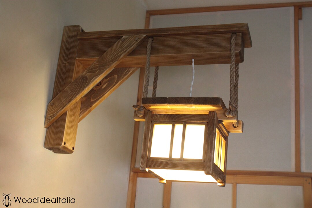 Wooden Wall Lantern With Rustic Distressed Structure, Protruding Shoji ...