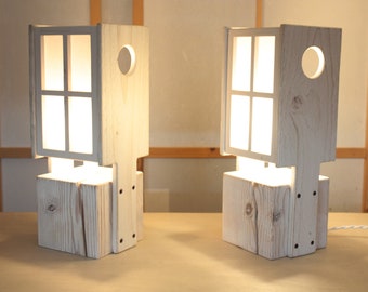 paire d'abat-jour en bois rustique, paire de lampes blanches avec papier de riz, paire de lampes artisanales en bois ruiné