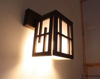 shoji style wall lamp, rice paper applique, handcrafted lamp with oriental style wooden joints, handcrafted finished lantern